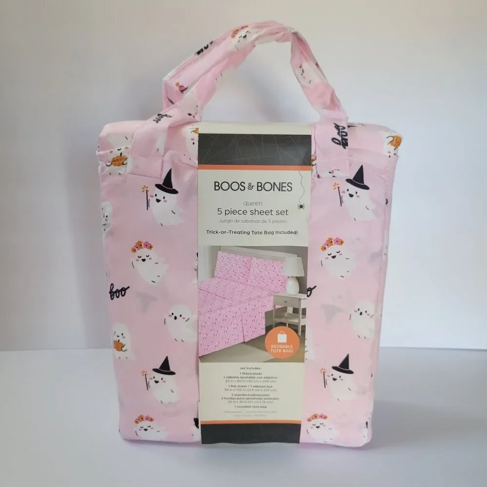 Halloween Pink White Cute Ghosts Boos & Bones QUEEN 5pc Sheets Set Girls Bedding